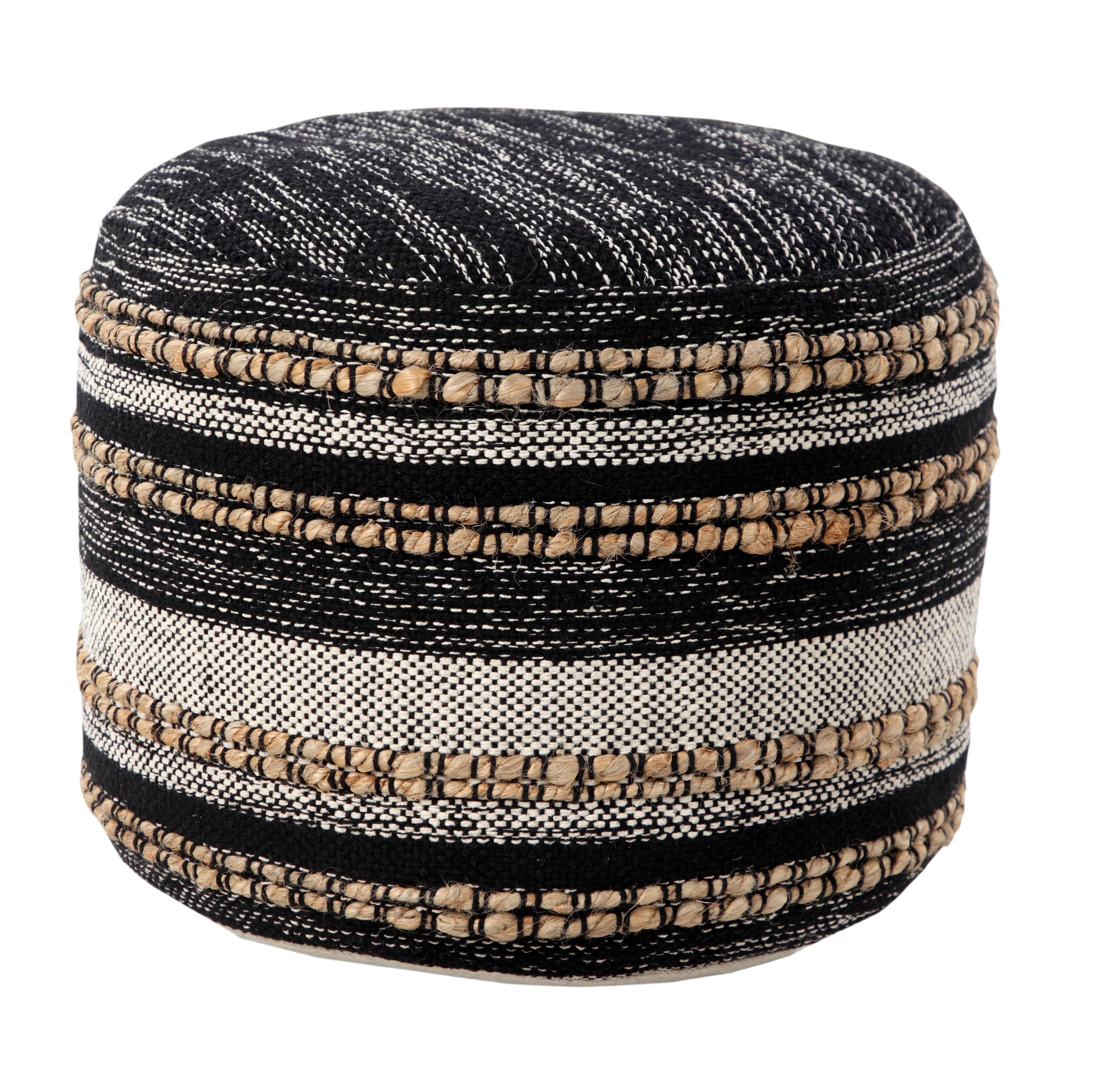 Modern Boho Striped Jute Pouf Ottoman: Black/White/Tan