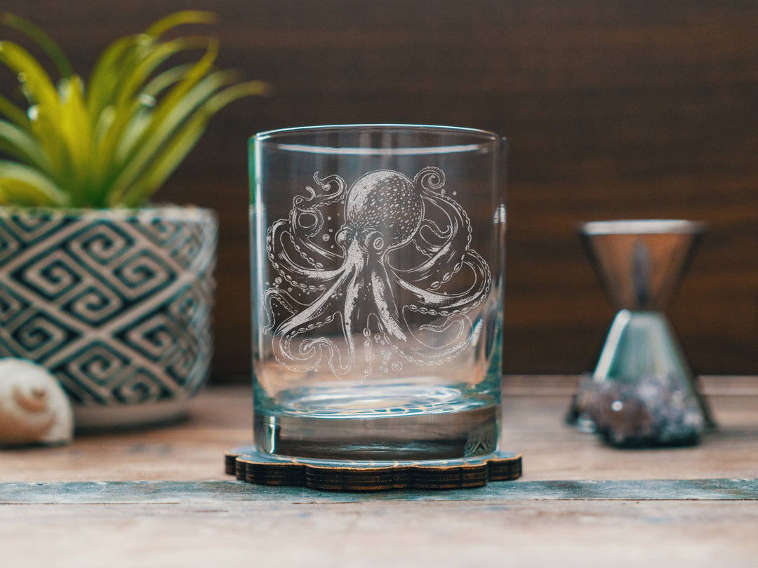 Octopus Etched Drinking Glasses: Stemless Wine ~ 15 oz