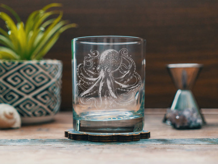 Octopus Etched Drinking Glasses: Stemless Wine ~ 15 oz