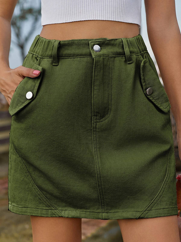 Elastic waist colored high rise cargo denim mini skirt: Beige / S