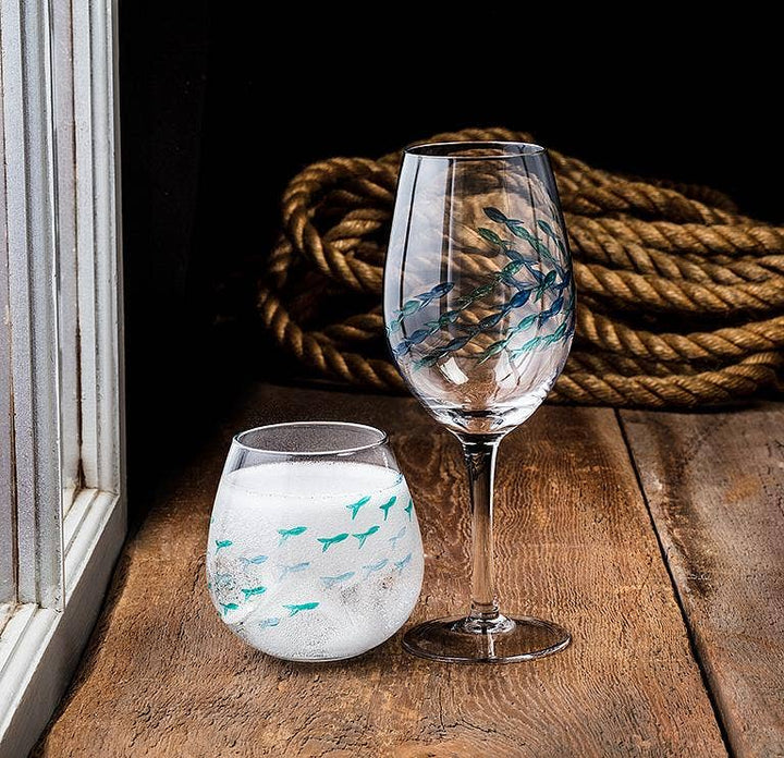Blue & Green Etched Fish Wine Glass: Stemless Goblet (21oz)