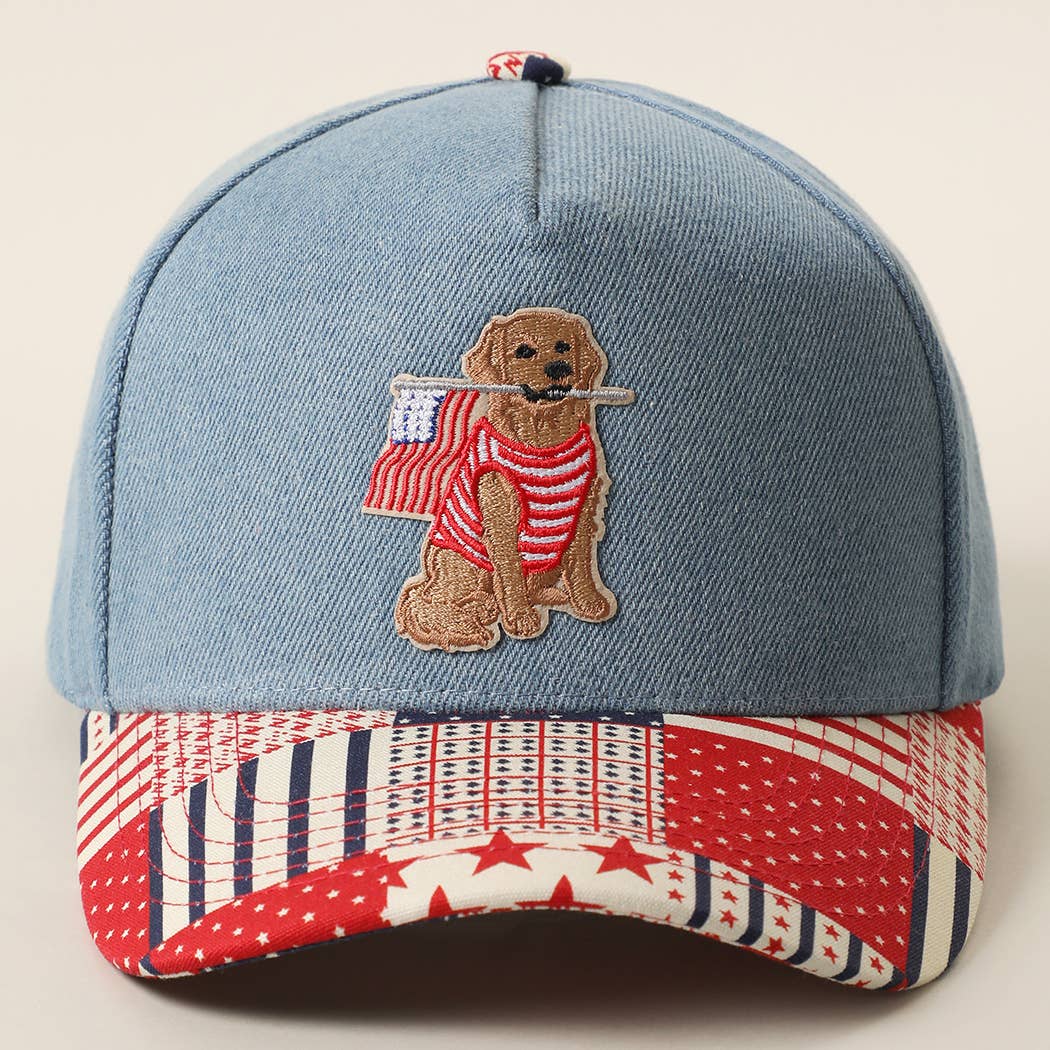 Dog Holding USA Flag Embroidered Patch Patchwork Denim Hat
