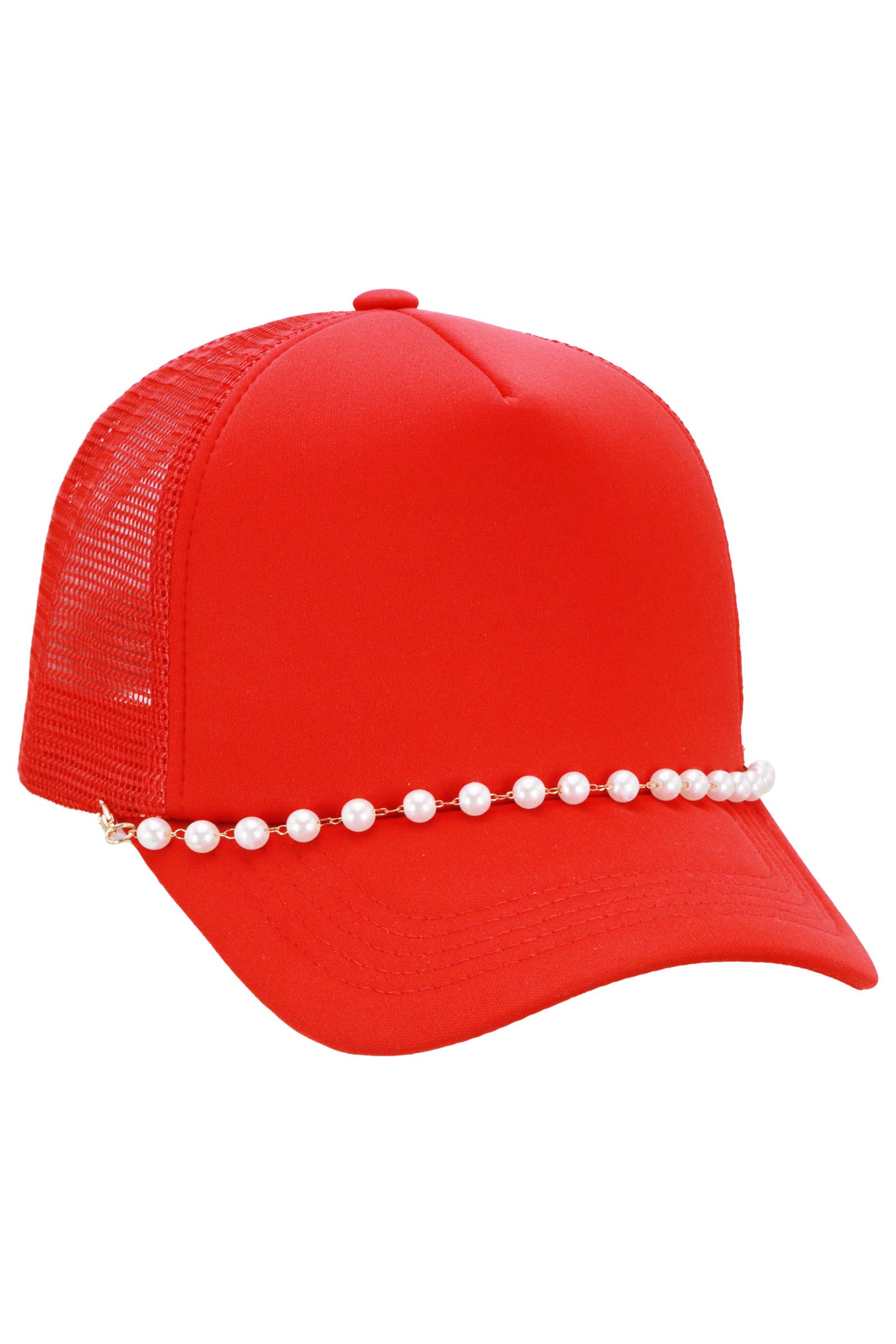 Faux Pearl Chain Foam Mesh Trucker Hat: WHITE/HOT PINK / ONE SIZE
