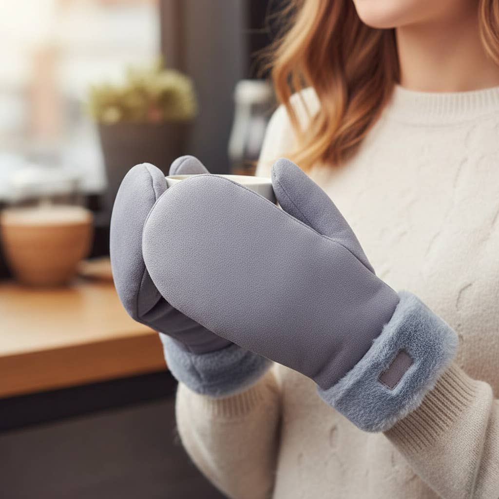 Faux Fur Cuff Fleece Lined Mittens: Gray