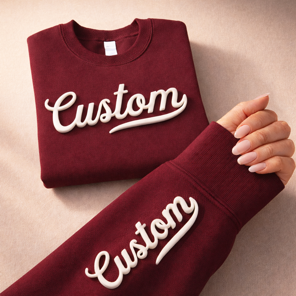 CUSTOM Wrist Sleeve & Front Puff Print Unisex Sweatshirt: Black / White / 2XL