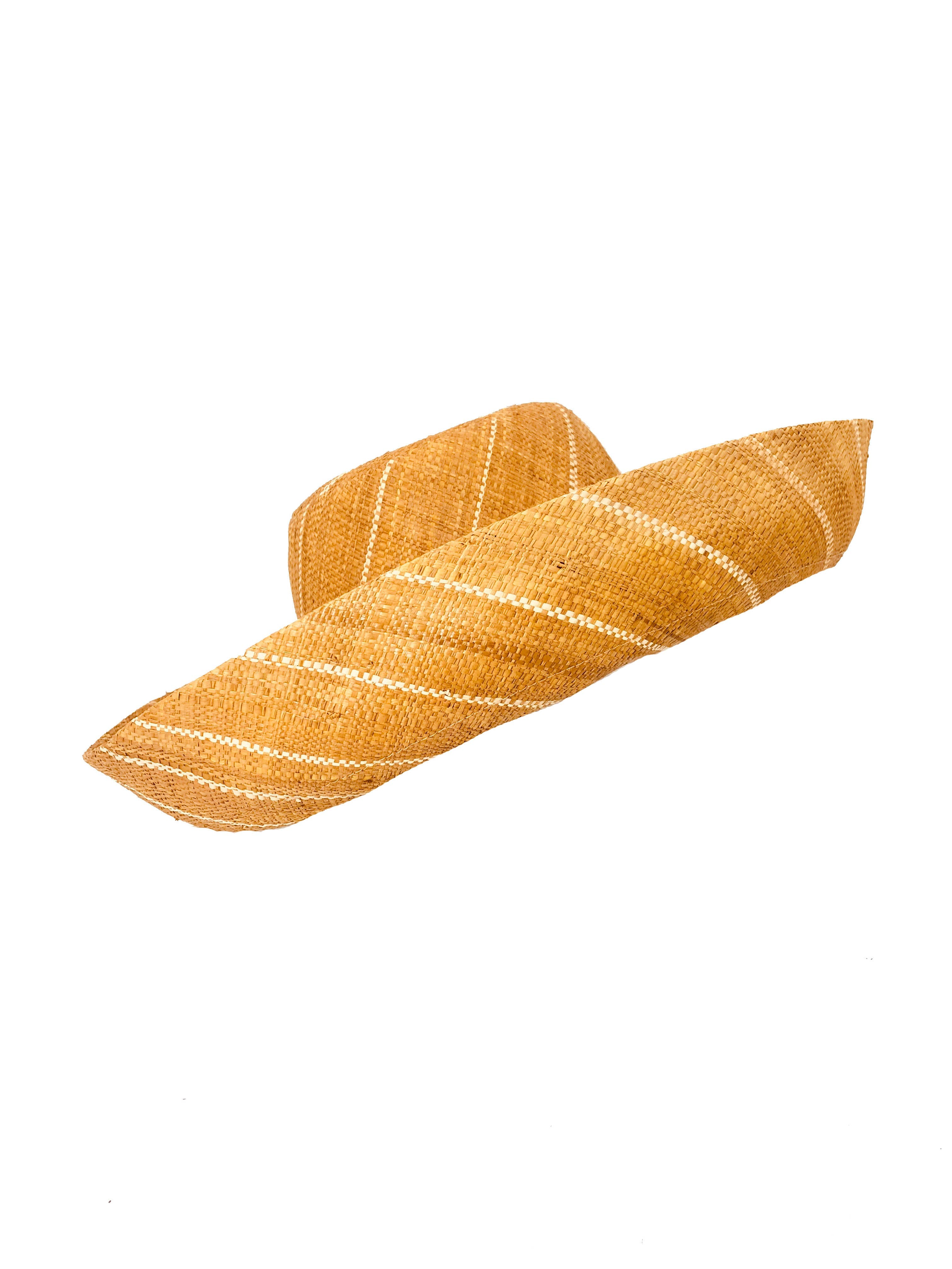 Sun Hats: Pinstripe Packable 5" & 7" Brim Raffia Straw: 7" Brim / Grey Pinstripes