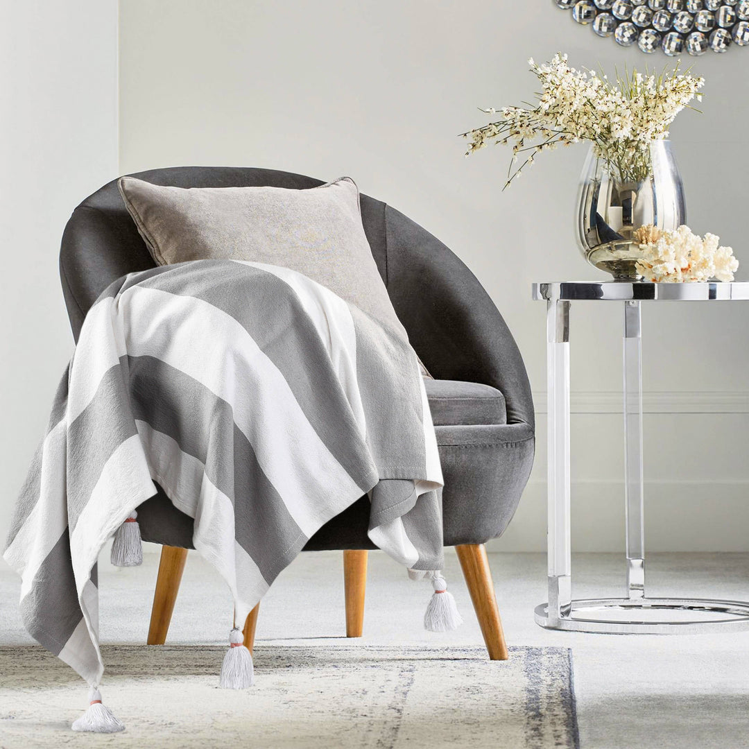 Cabana Striped Throw Blanket with Tassels: Navy Blue