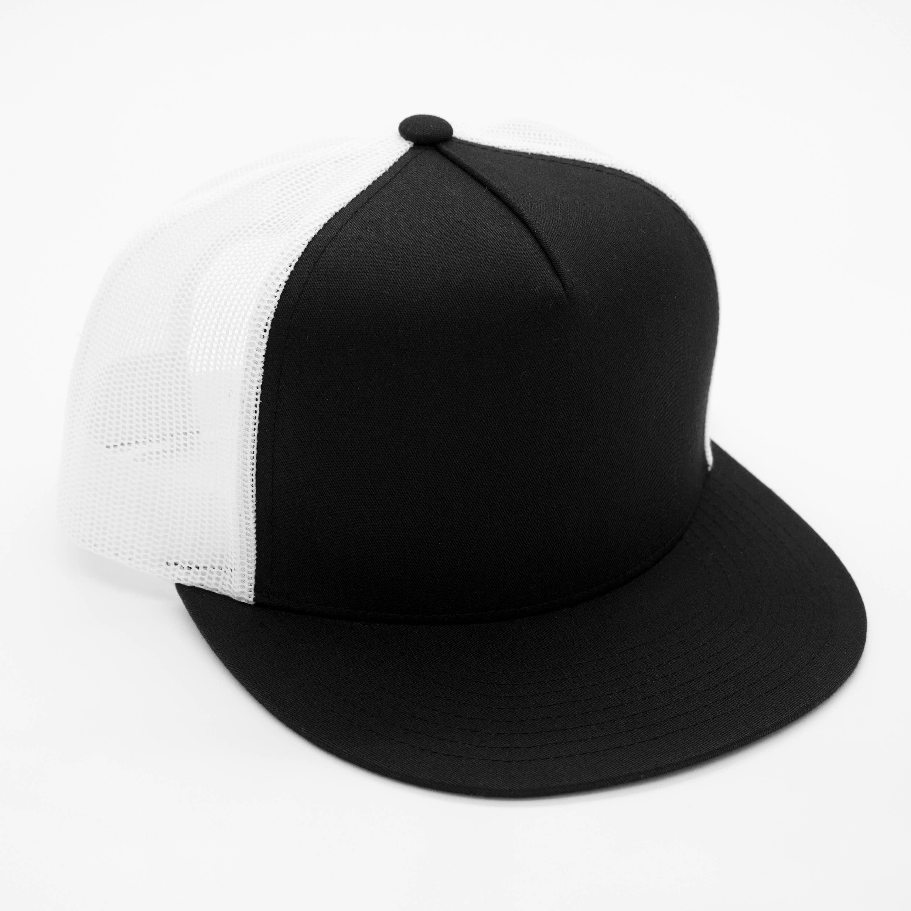 CUSTOM TEXT Raised Print Snapback Trucker Hats: All Black / White
