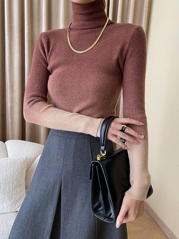 Long Sleeves Skinny Gradient High-Neck Pullovers Sweater Tops: CAMEL / One_size