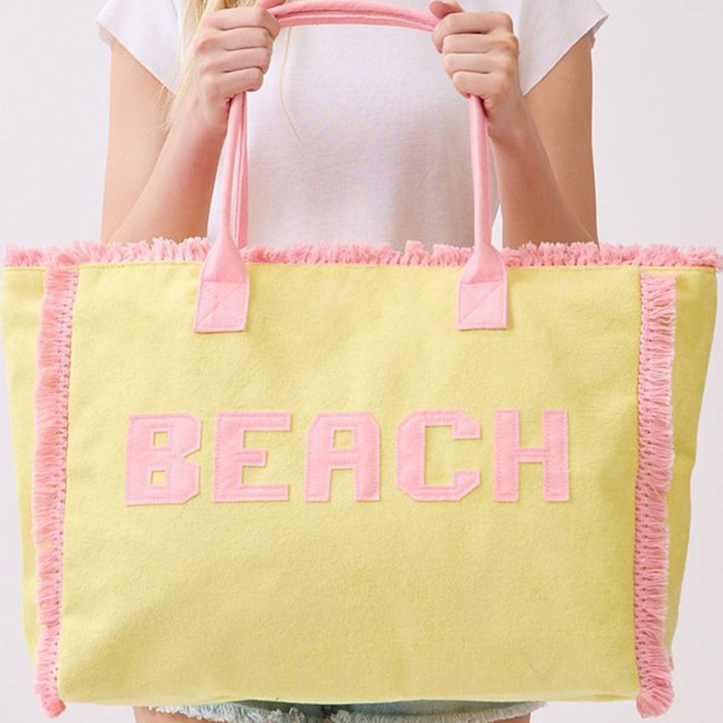 Embroidered Beach Letter Terry Cloth Frayed Tote Bag