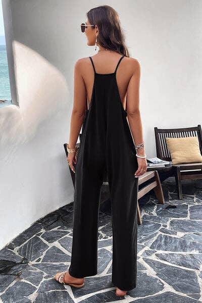 Pocketed Spaghetti Strap Overalls: Black / L