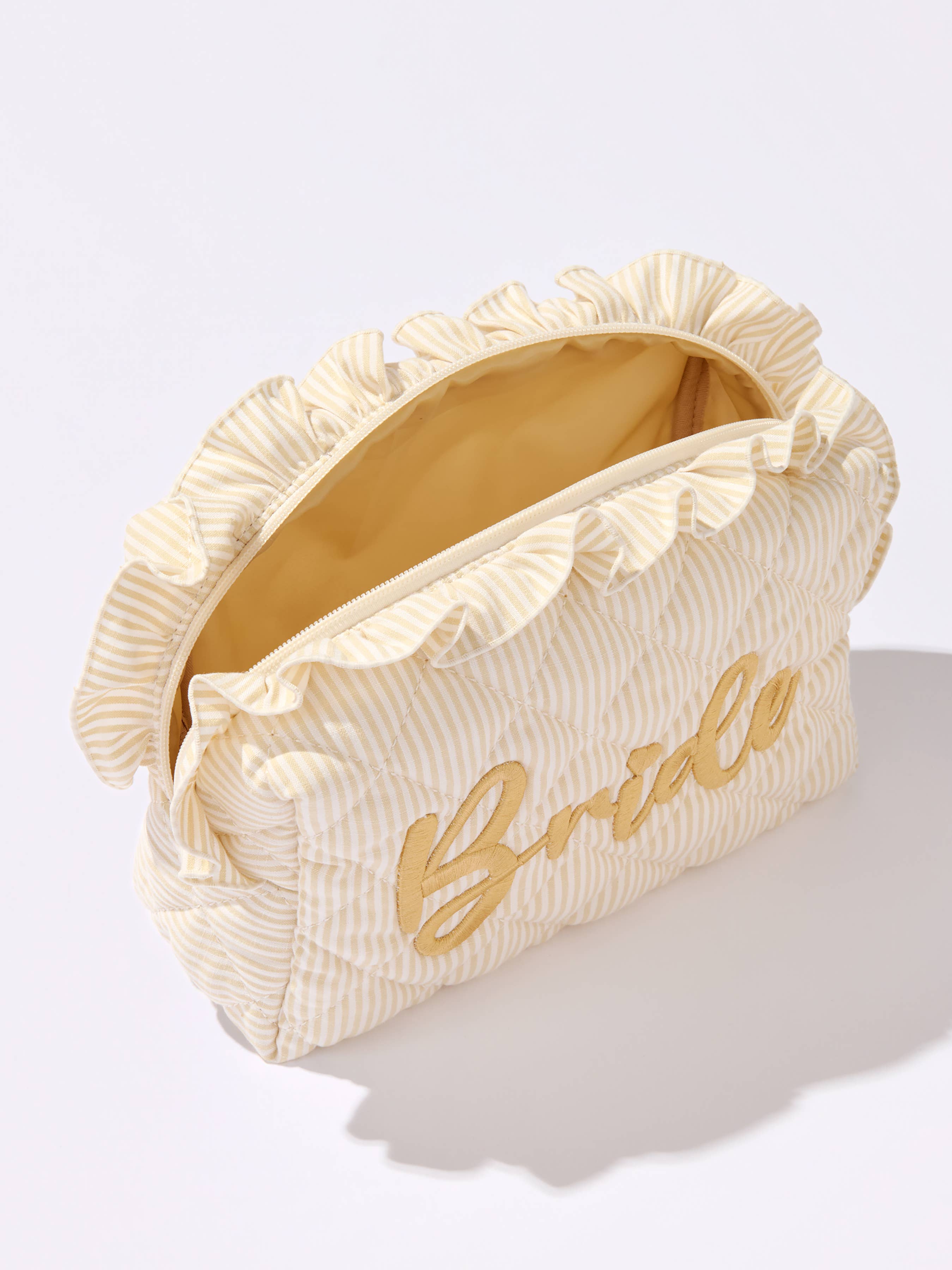 RUFFLE "BRIDE" LARGE ZIP POUCH,BEIGE