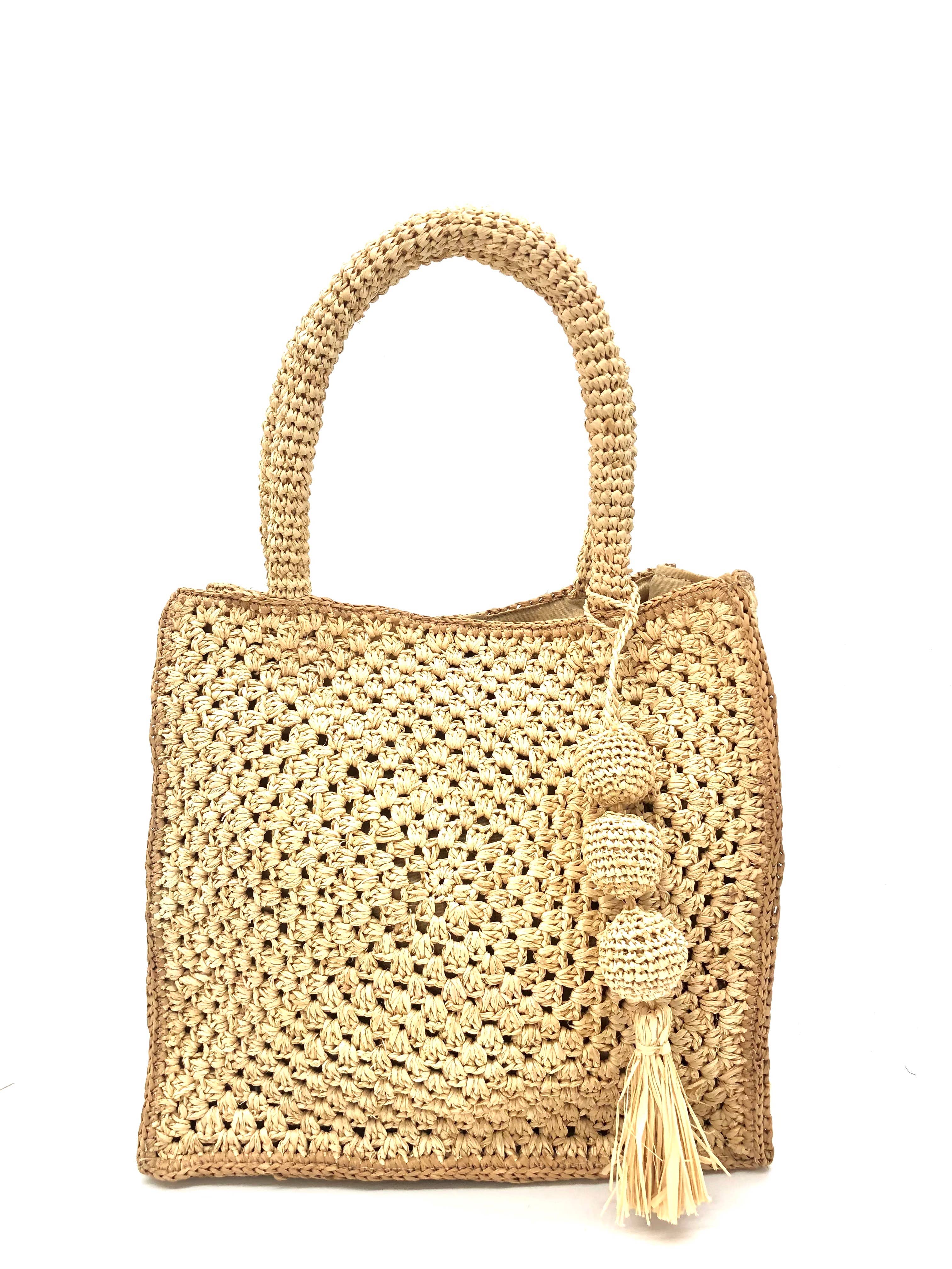 Kimba Crochet Straw Handbag + Sphere Charm Embellishment: Black Trim