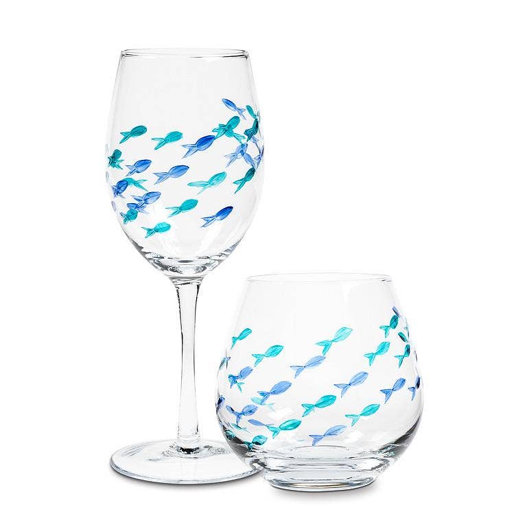 Blue & Green Etched Fish Wine Glass: Stemless Goblet (21oz)
