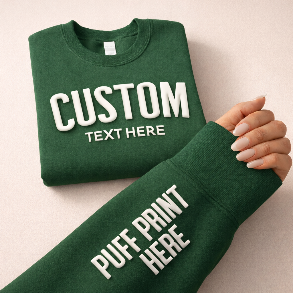 CUSTOM Wrist Sleeve & Front Puff Print Unisex Sweatshirt: Black / White / 2XL