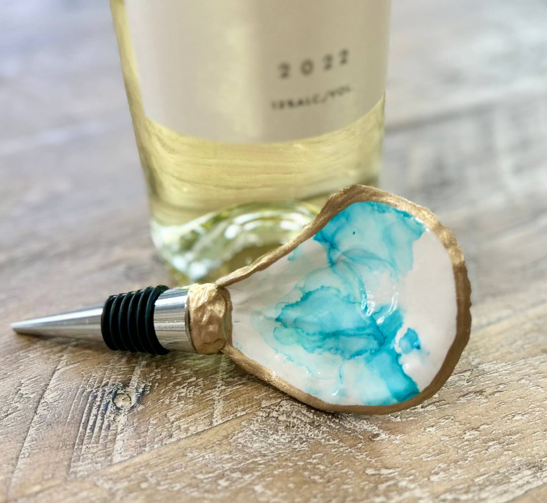 Hand Painted - Oyster Bottle Stopper - Aqua