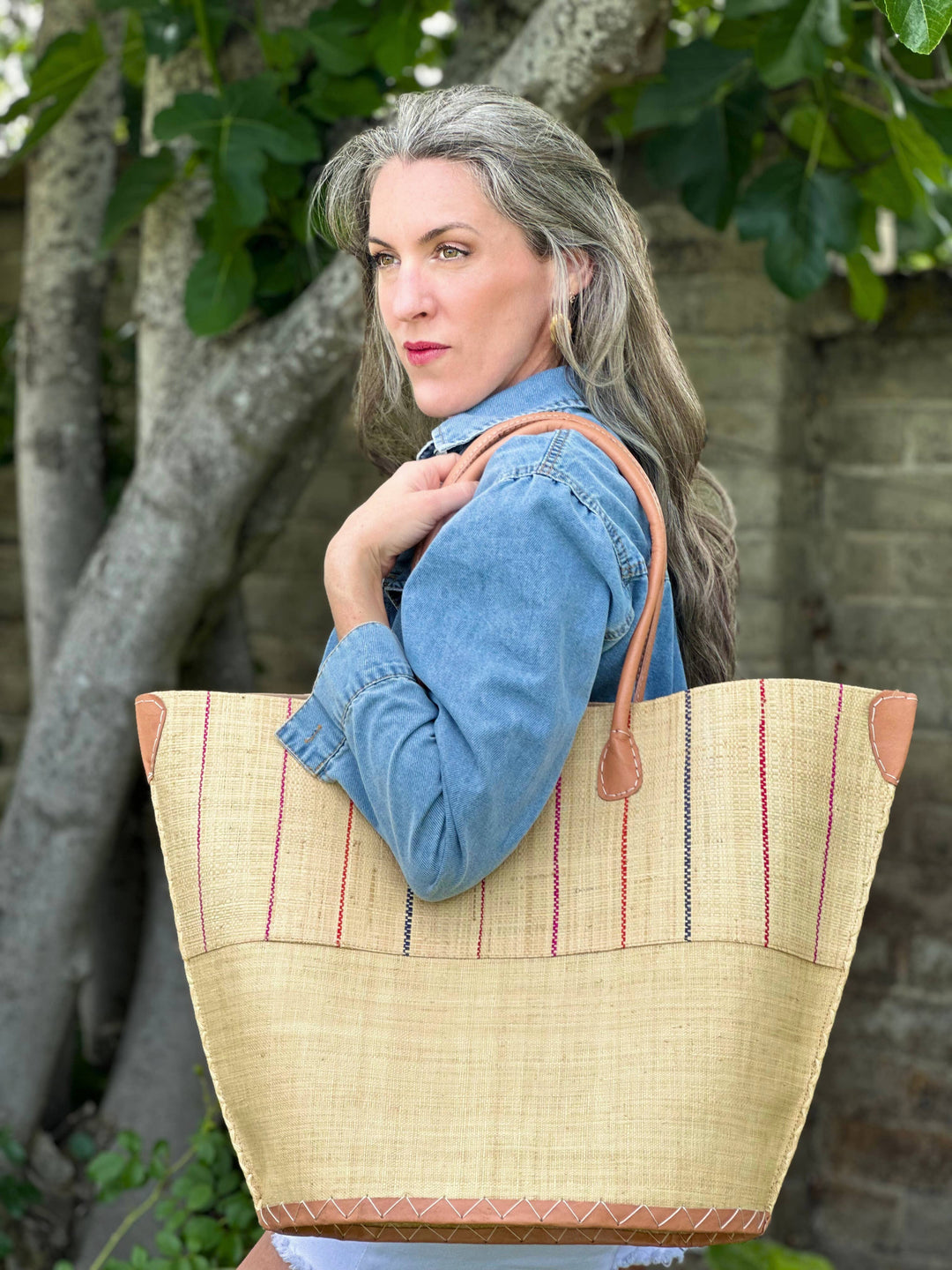 Santa Cruz Two Tone Pinstripes Large Straw Tote Bag: Coral