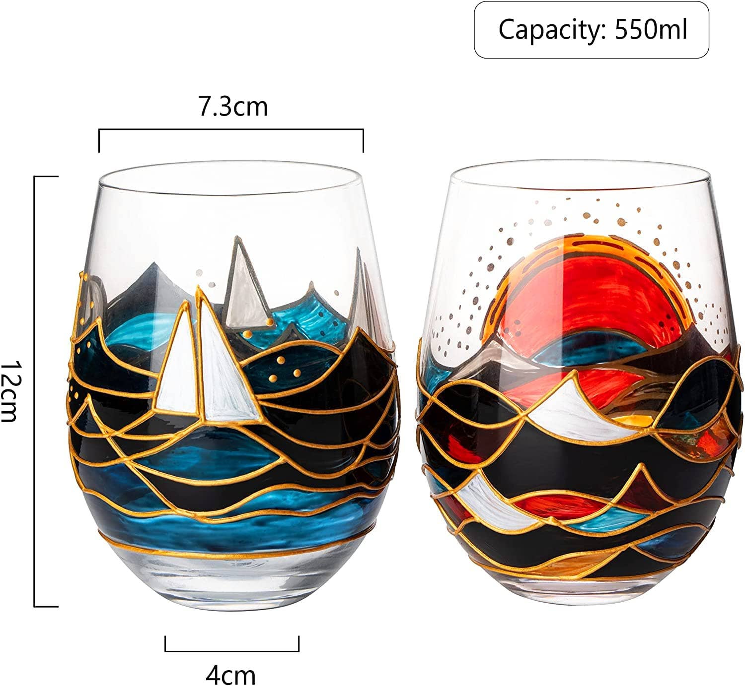 Sailboat Sunrise Artisanal Hand Painted Stemless - Set of 2