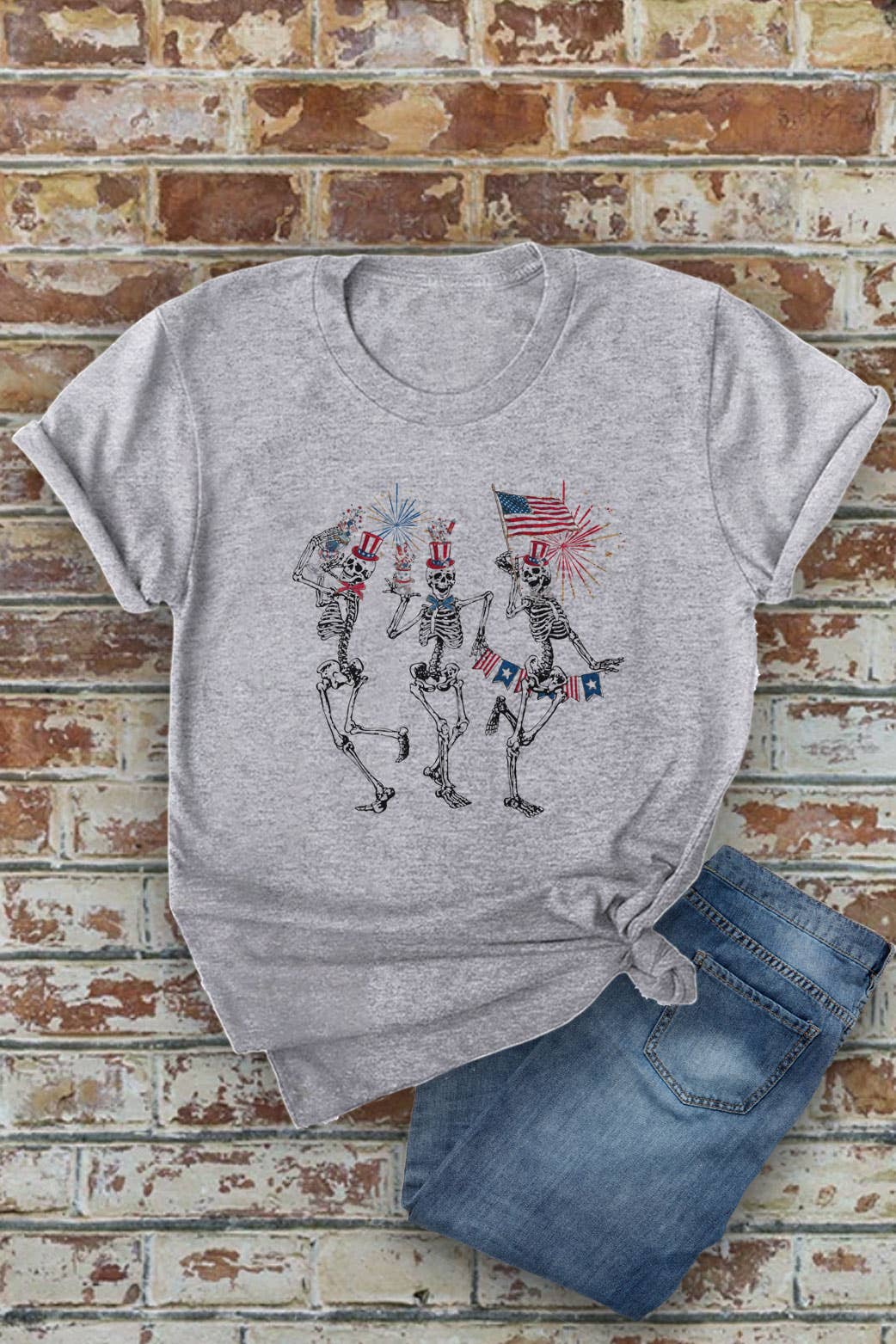 Fourth of July Skellies, 4th of July, Unisex Round Neck T-Shirt: L / White