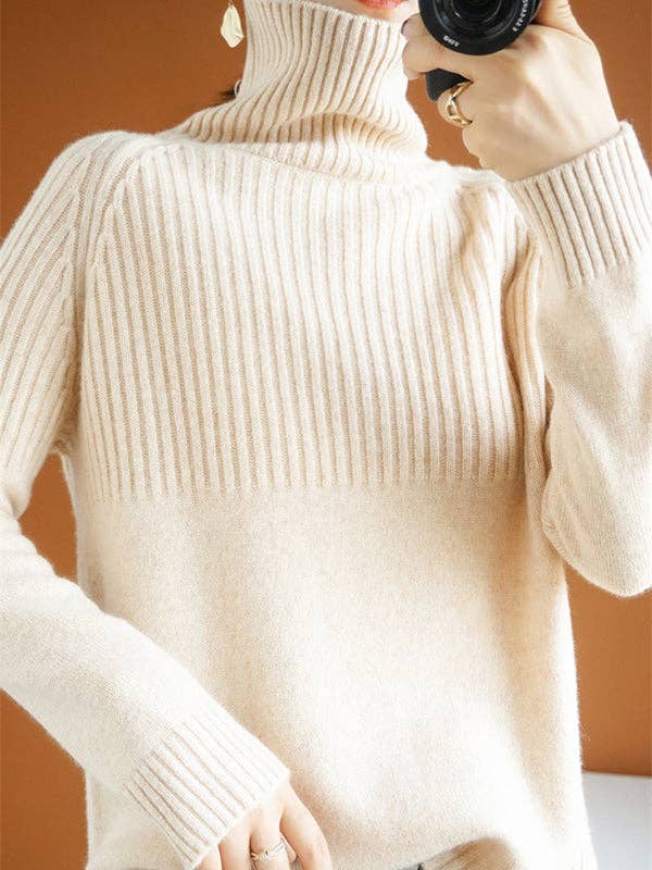 Casual Long Sleeves Loose Solid Color High-Neck Sweater Tops: GRAY / M