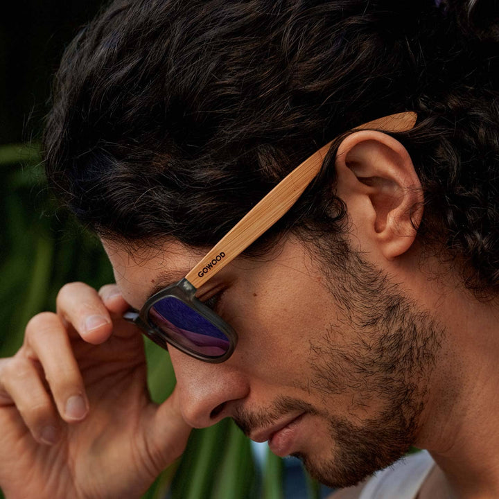 Square Bamboo Wood Sunglasses with Blue Polarized Lenses