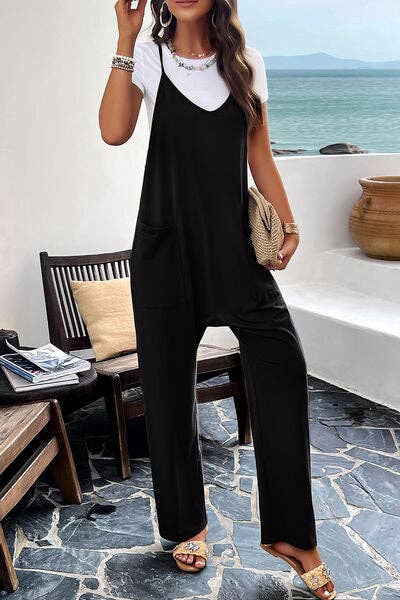 Pocketed Spaghetti Strap Overalls: Black / L