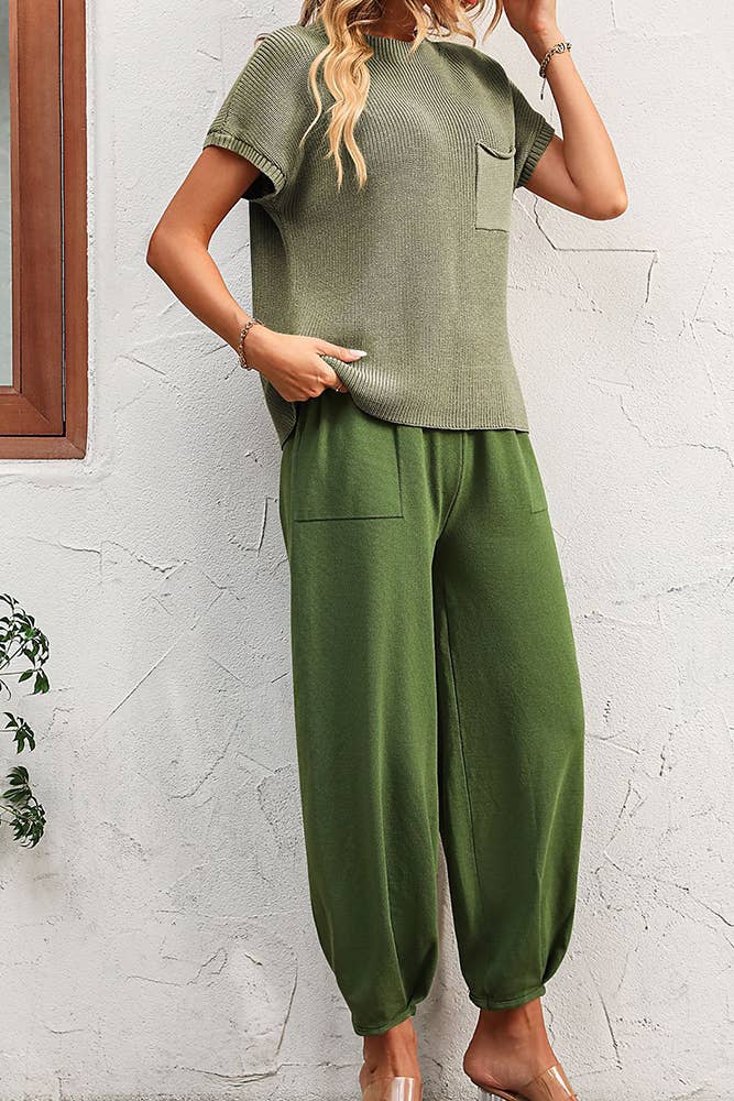 Plain Pocket Knit Top With Joggers 2pcs Pant Set MD092: Black / M
