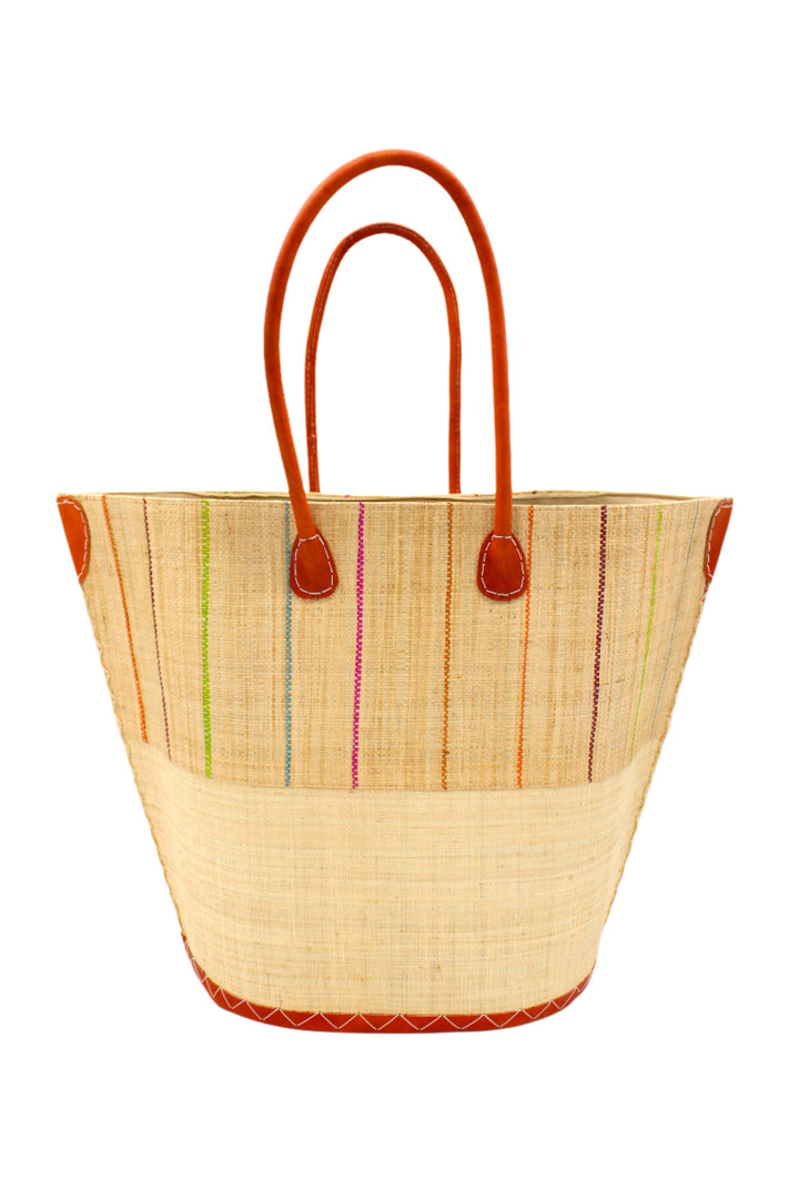 Santa Cruz Two Tone Pinstripes Large Straw Tote Bag: Coral