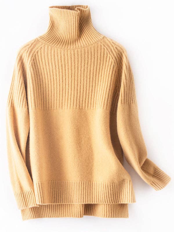 Casual Long Sleeves Loose Solid Color High-Neck Sweater Tops: YELLOW / M