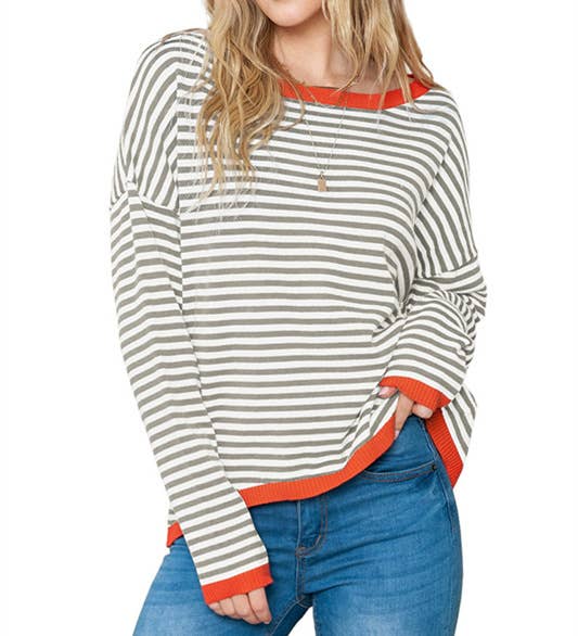 CWOSWL0811_ Long Sleeve Loose Neck Pullover Sweater: White / (L) 1