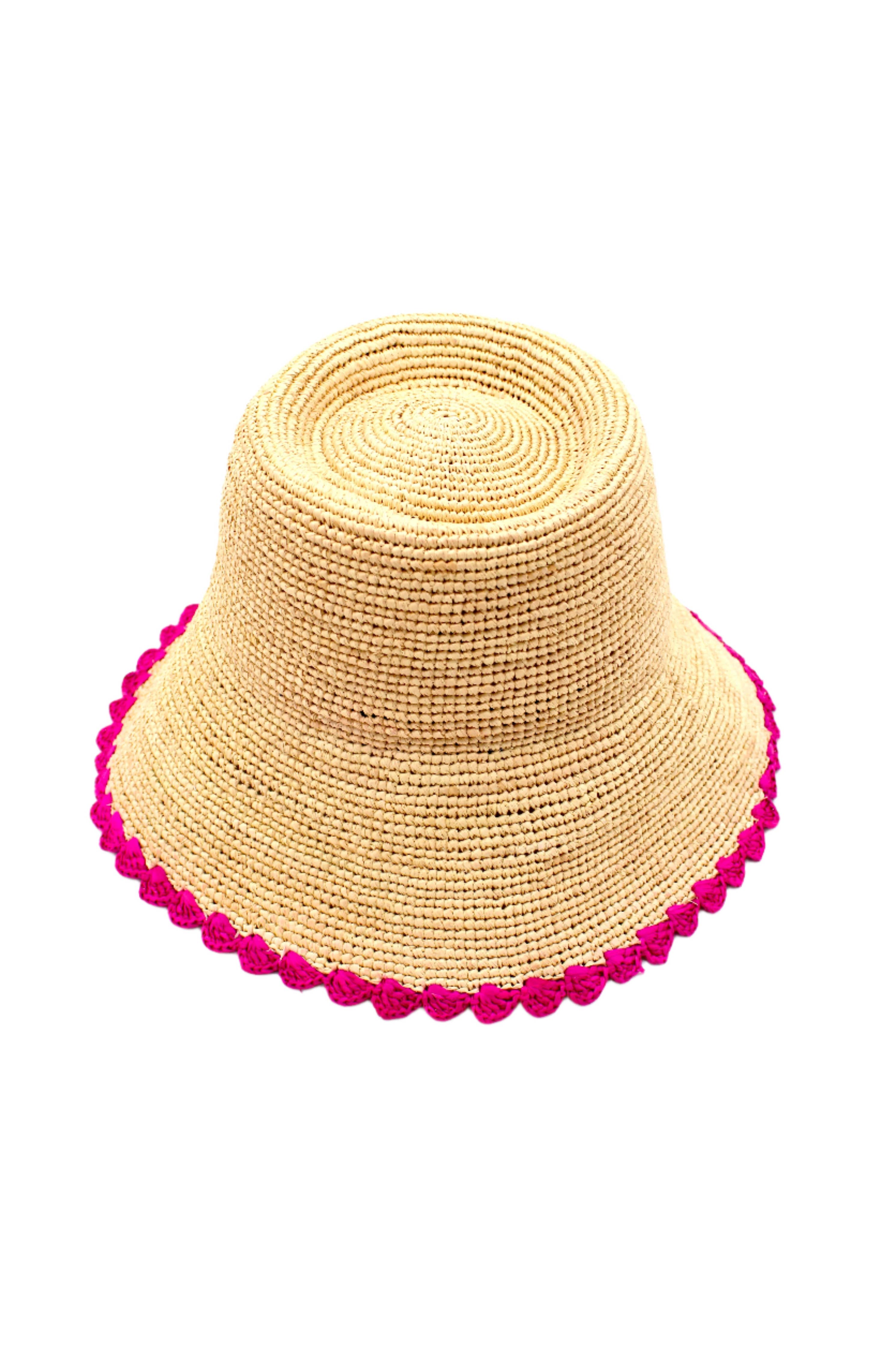 Kate 3" Brim Crochet Bucket Straw Hats with Colored Edge: Fuchsia