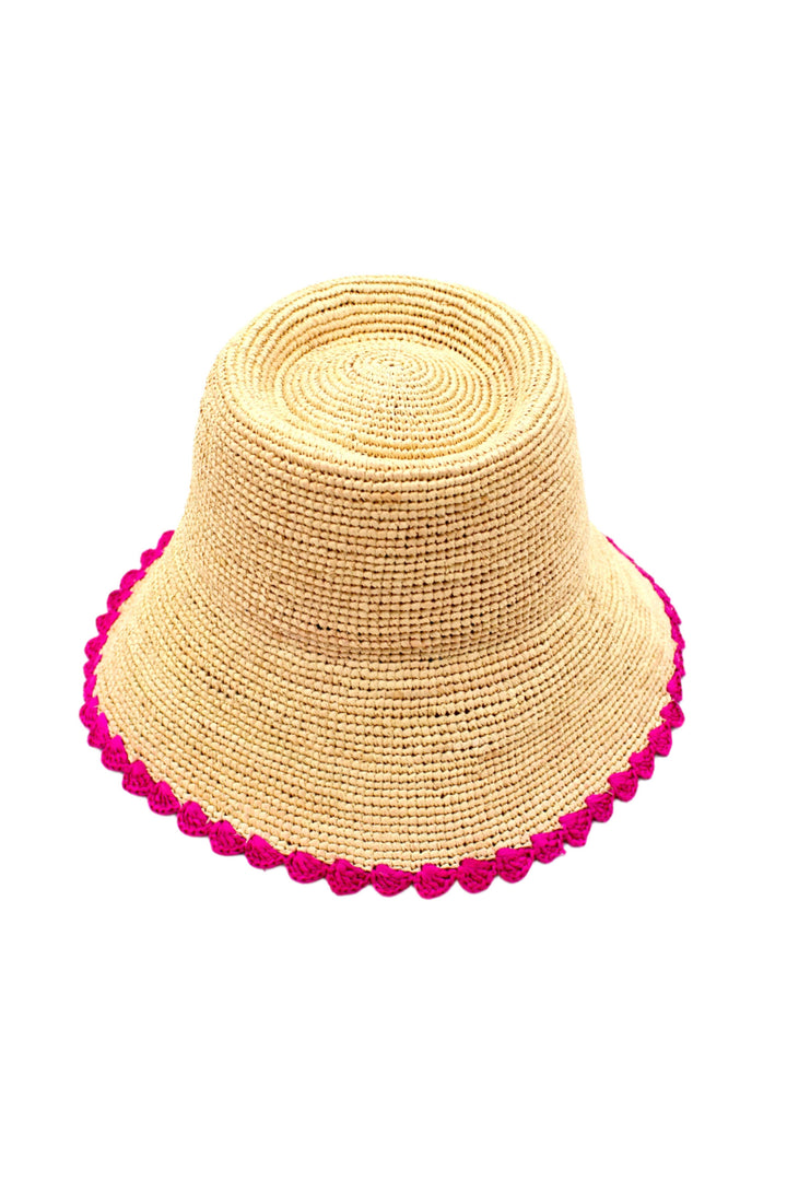 3" Kate Crochet Bucket Straw Hats W/ Colored Lace Weave Edge: Natural