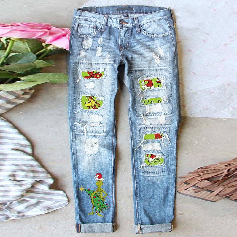 Women’s Distressed Straight Leg Jeans with Christmas: Dark Blue / L