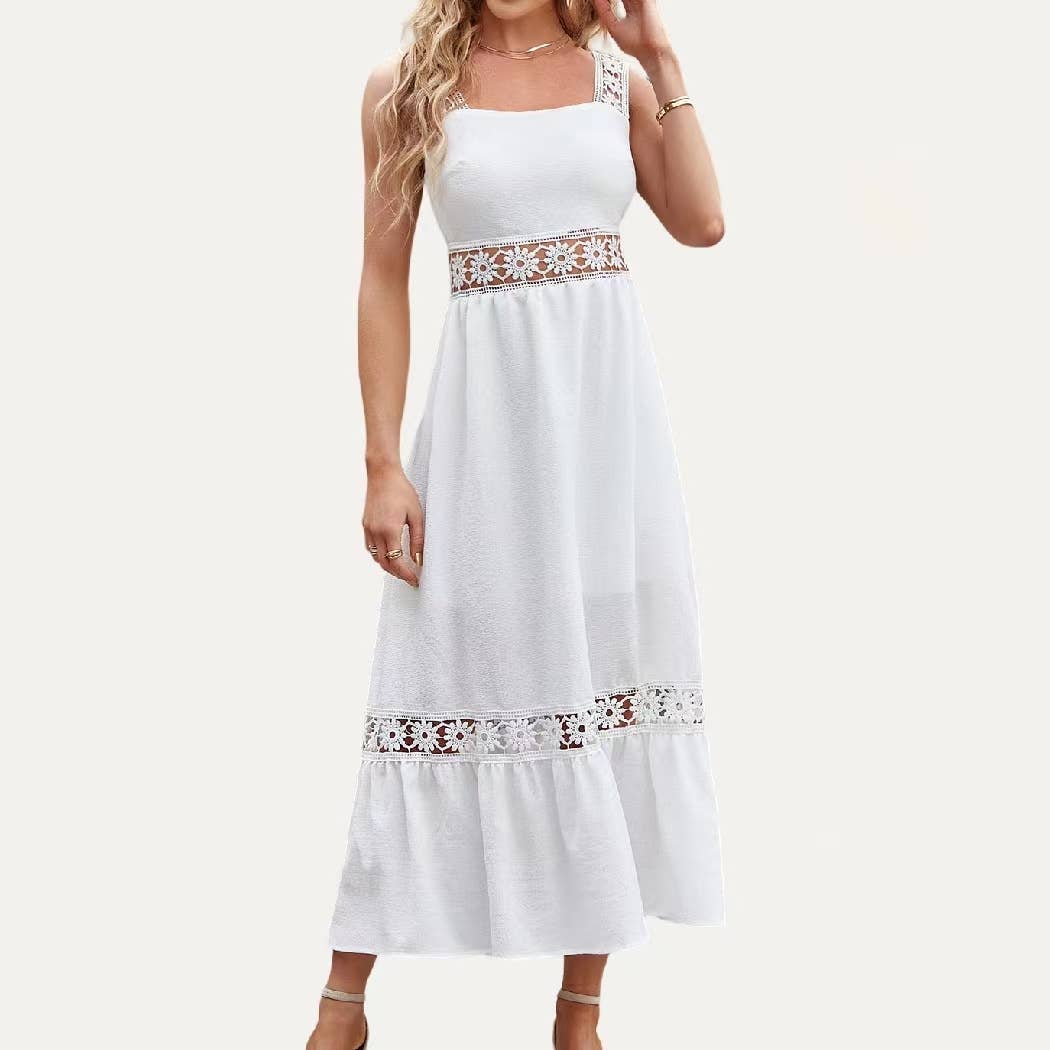Godness Crocheat Wide Straps Sleeveless Maxi Dress: WHITE / L