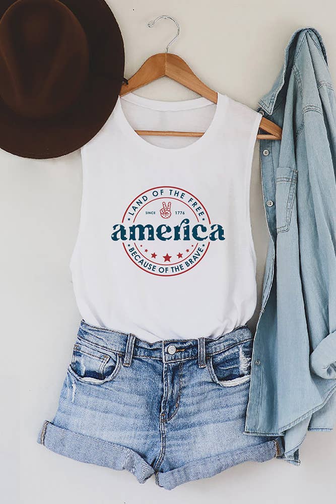 America Letter Print Graphic Tank Top STC125C195: White / XL