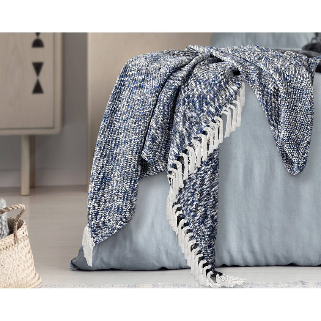 Boho Chambray Throw Blanket with Fringe: Navy Blue