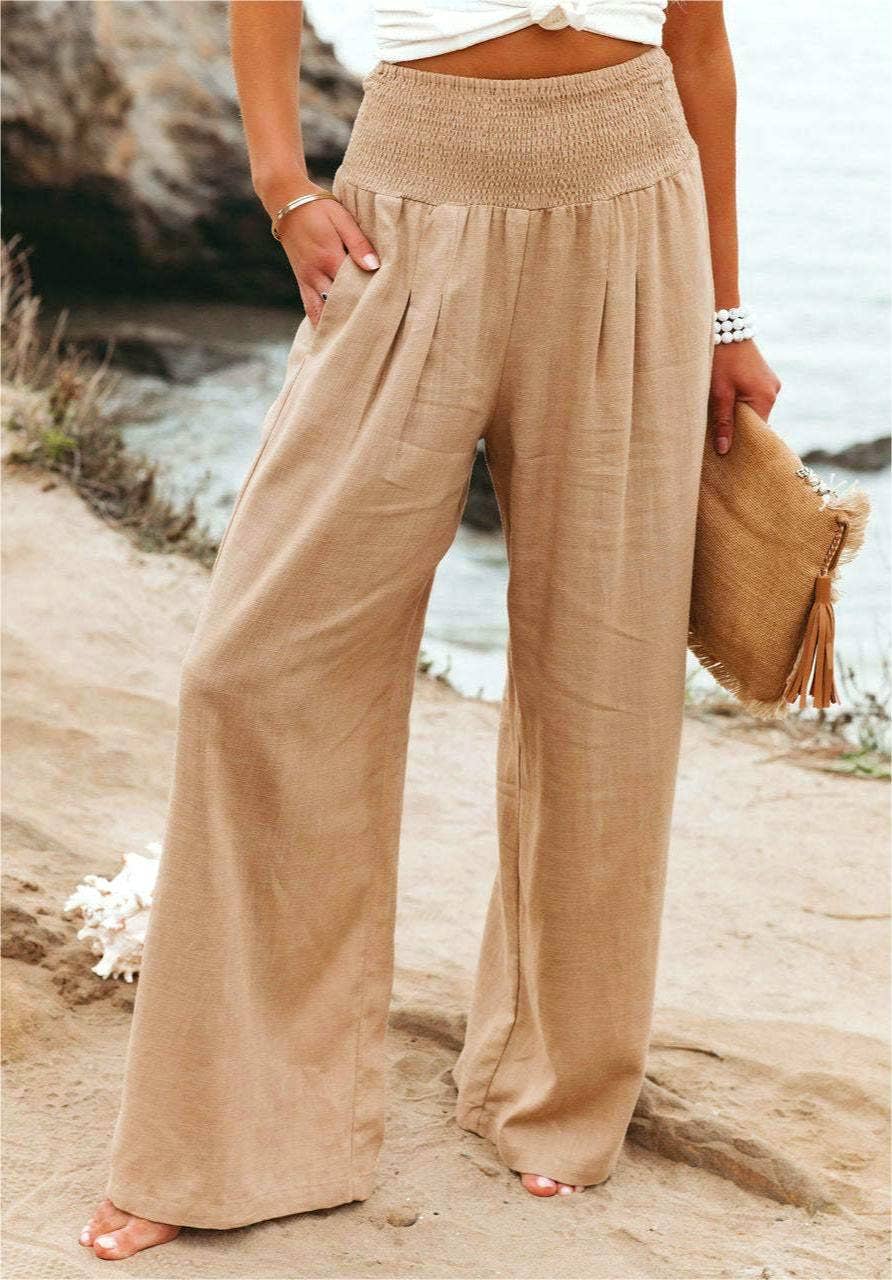 Women's slacks casual wide-legged pants wrap spring trousers: Brown / M