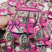 2.5” Golf Cart - Pink glittery   -  Embroidered Hat Patch