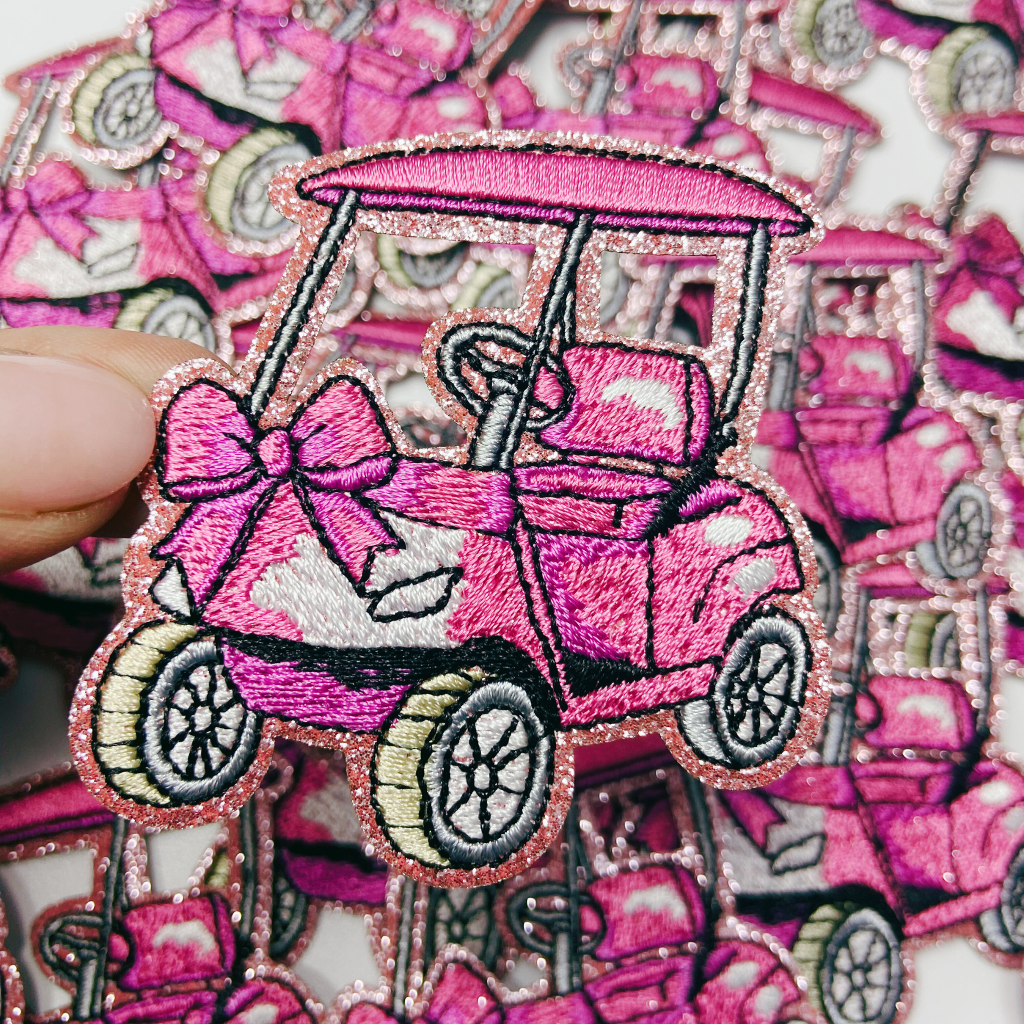 2.5” Golf Cart - Pink glittery   -  Embroidered Hat Patch