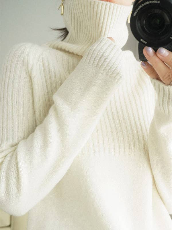 Casual Long Sleeves Loose Solid Color High-Neck Sweater Tops: GRAY / M