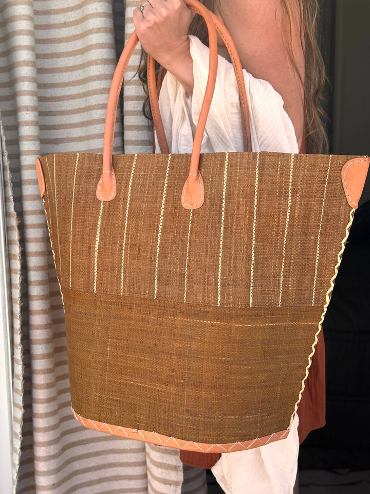 Santa Cruz Two Tone Pinstripes Large Straw Tote Bag: Coral