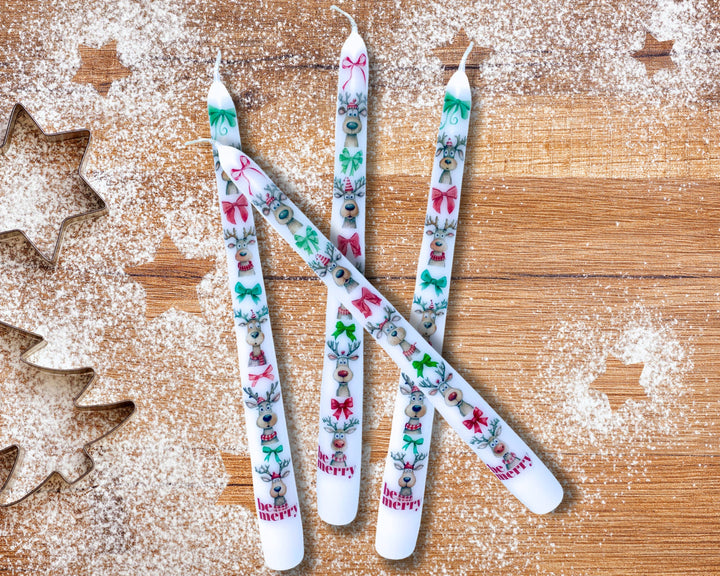 Be Merry Reindeer Christmas Taper Candle Decor, Holiday Deco