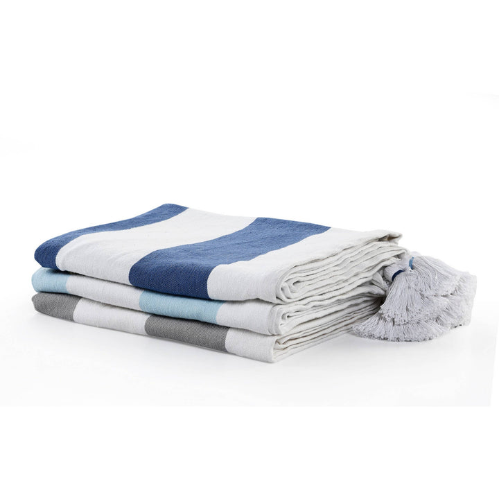 Cabana Striped Throw Blanket with Tassels: Navy Blue