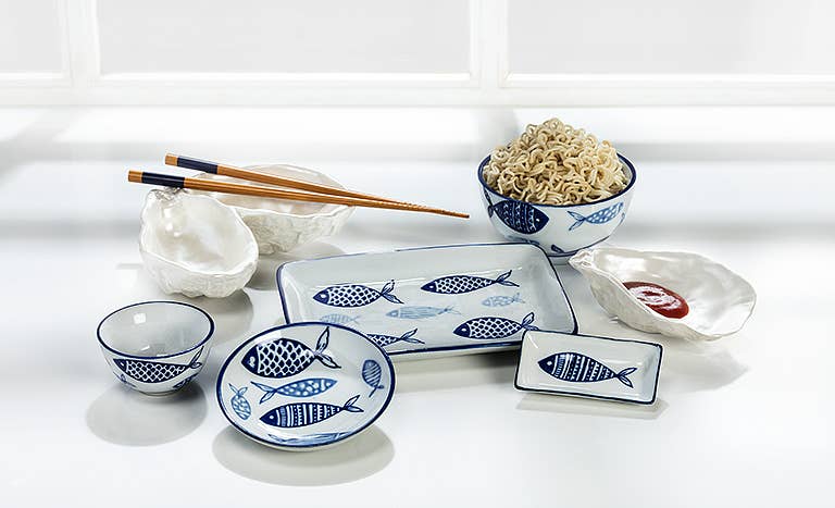 Multi Fish Rice Bowl-Blu/Wht-4" D