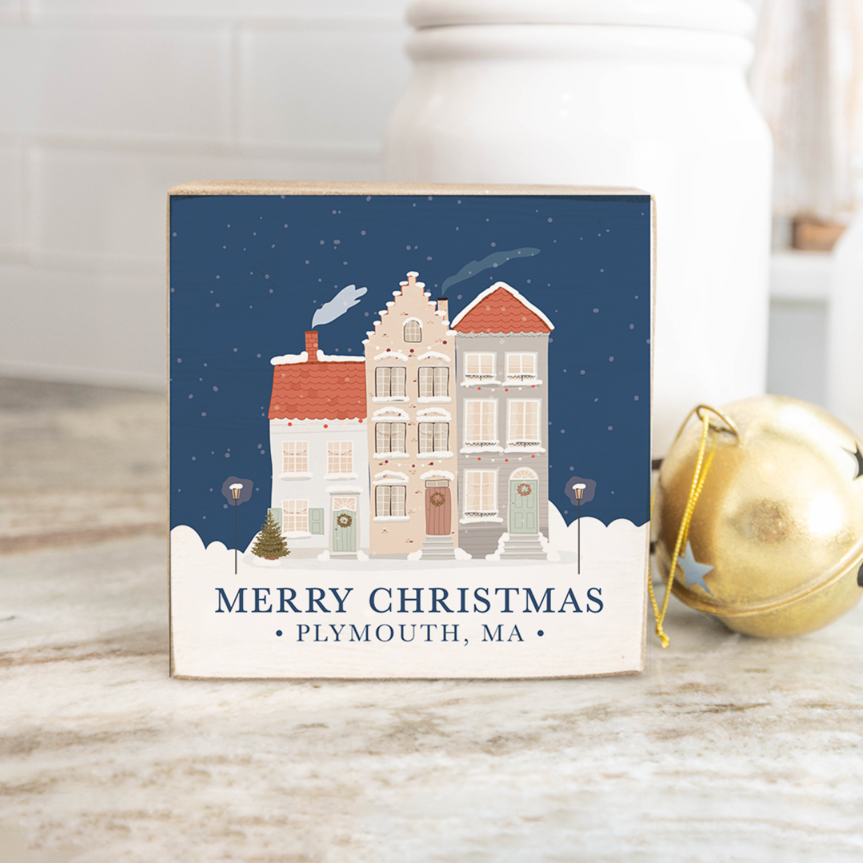 Personalized Vintage Christmas Village Decorative Wooden Block