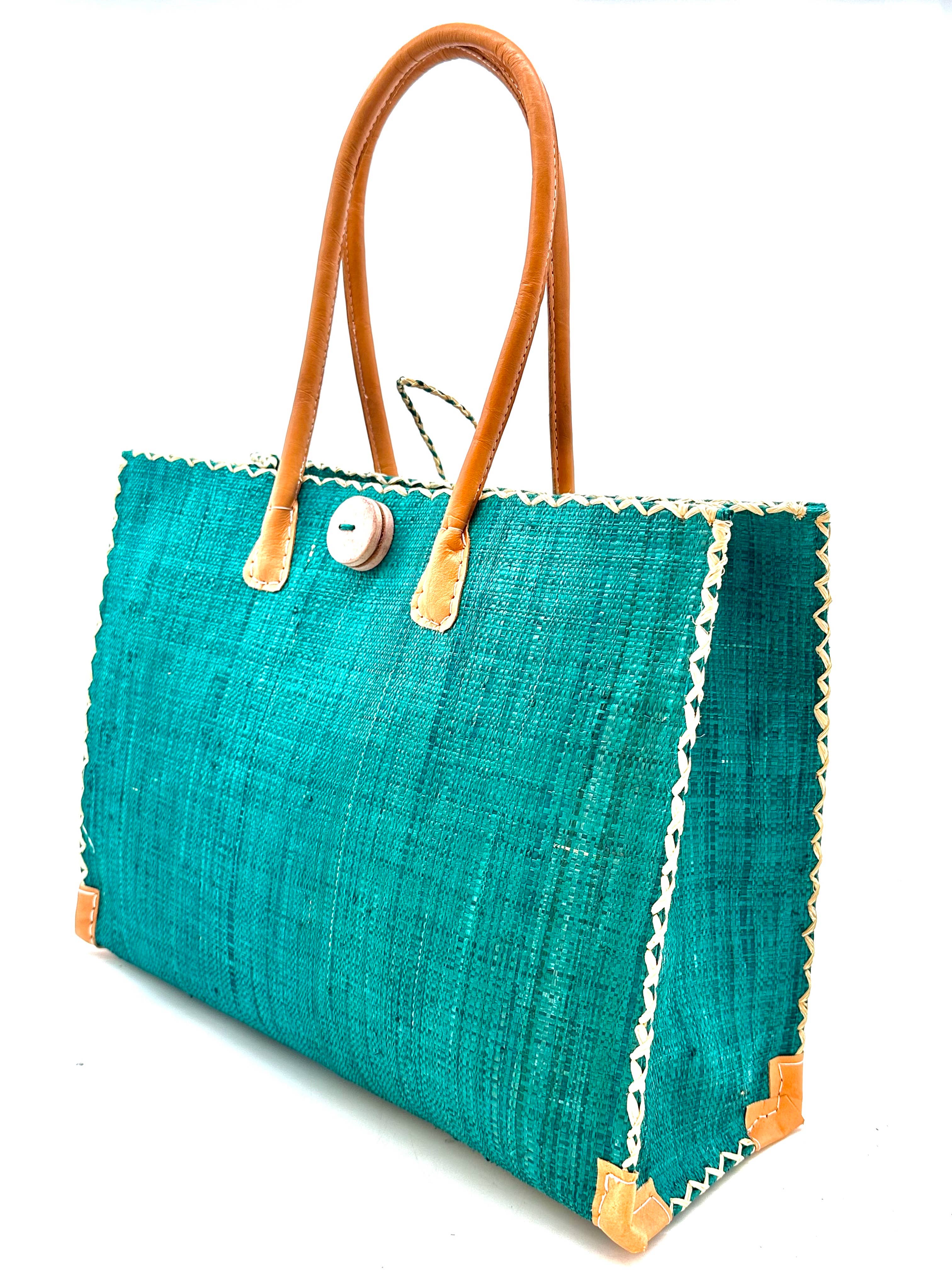 Zafran Solid Straw Beach Bag with Plastic Liner - 2 Sizes: Large / Fuschia