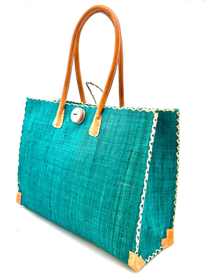 Zafran Solid Straw Beach Bag with Plastic Liner - 2 Sizes: Large / NATURAL