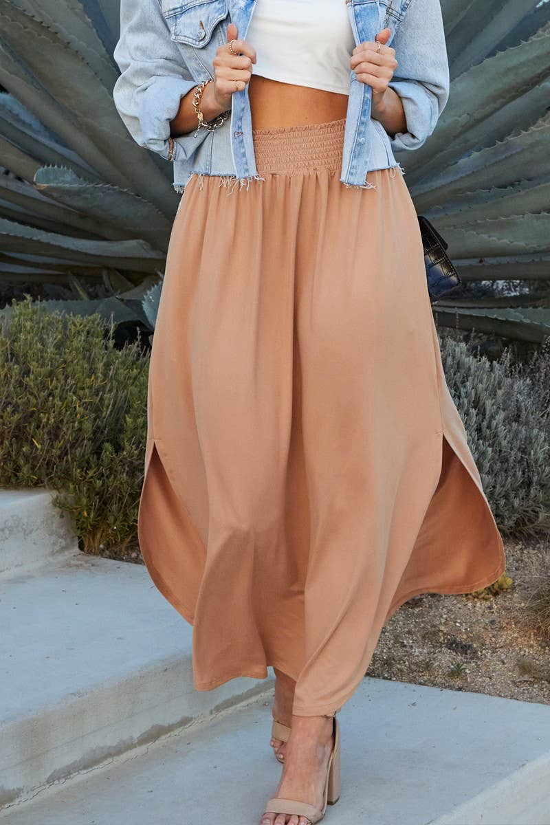 CWBLS041_SMOCKING WAIST MAXI SKIRT WITH SIDE POCKET: CRANBERRY / (S) 1