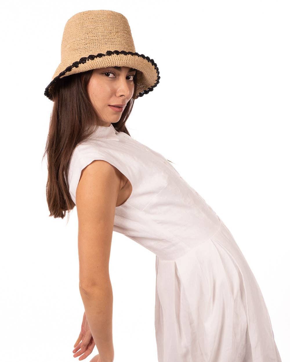 Kate 3" Brim Crochet Bucket Straw Hats with Colored Edge: Fuchsia