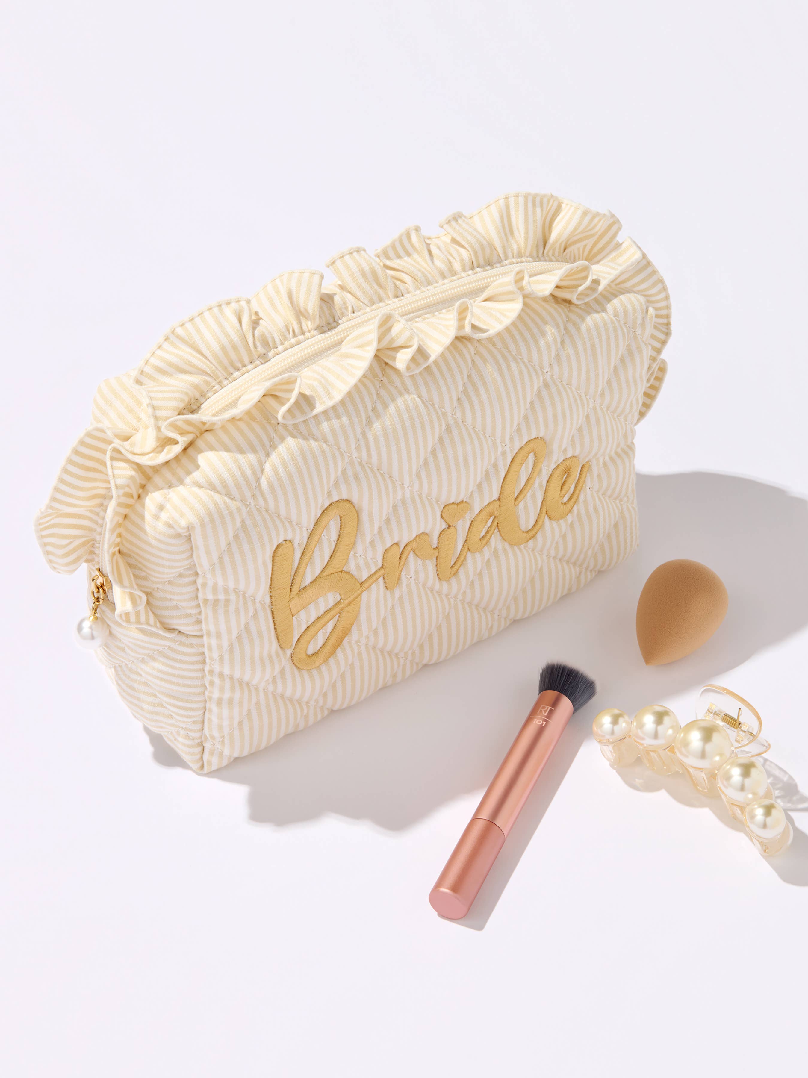 RUFFLE "BRIDE" LARGE ZIP POUCH,BEIGE